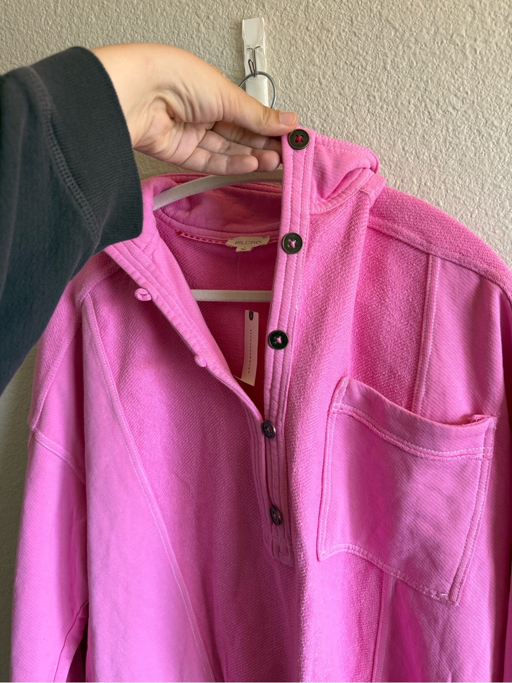 NWT Pilcro Anthropologie 100% Cotton Pink Button Front Popover Top Sweatshirt - Picture 4 of 8